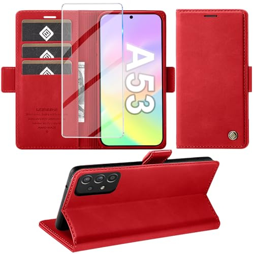 Giyer für Samsung Galaxy A53 5G Hülle mit Schutzfolie, Handyhülle Galaxy A53 5G Standfunktion Kartenfach Wallet Premium Leder Schutzhülle A53 5G Flip Case Cover Stoßfeste Klapphülle (rot)