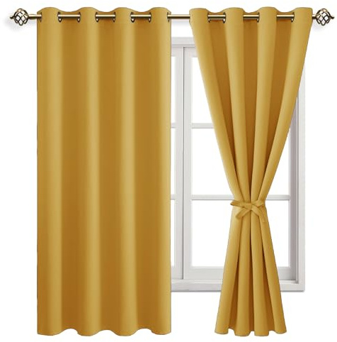 JIUZHEN Blickdicht Vorhänge Gardinen Ösenvorhang für Schlafzimmer Wohnzimmer Verdunkelungsgardinen, Gelb, 2 Stück, 175x140cm(HxB)