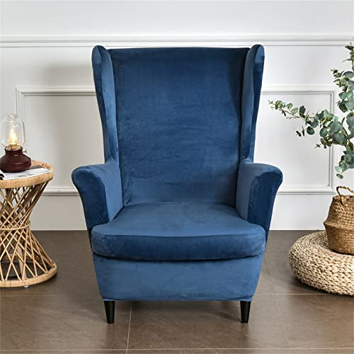 Wing Chair Slipcover 2 Piece Set - 2 IN 1 Design Removable Soft Velvet Wingback Chair Covers Armchair Stretch Covers Furniture Protector for Wingback Chairs Living Room Bedroom Hotel (Navy Blue)