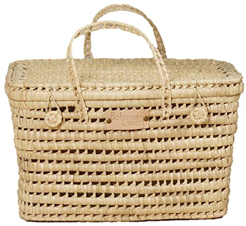 Bohome Living - Coffre de Rangement en Osier Tressé, Malle Osier, Déco Bohème Chic (45cm)