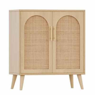 Rovaurx Rattan Storage Cabinet with Doors, Modern Accent Bathroom Floor Cabinet, Sideboard Buffet for Living Room, Entryway, Dining Room and Kitchen, Natural BMGZ108M