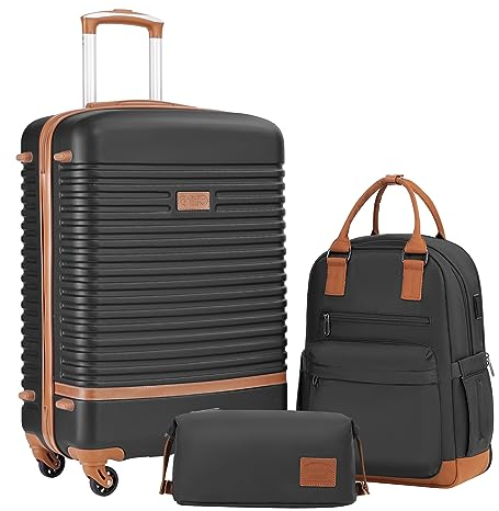 COOLIFE Koffer Trolley Koffer Reisekoffer von ABS Hartschalen Trolley 4 Rollen TSA-Schloss Der Koffer Enthält 1 Reiserucksack und 1 Kulturbeutel (Schwarz/Braun, Mittlerer Koffer-Set 3tlg)