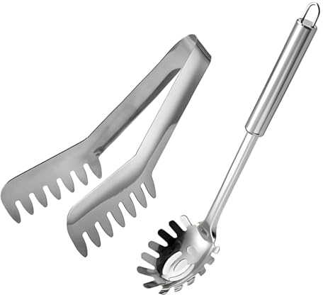 2 Stück Edelstahl Pasta Löffel, Edelstahl Spaghetti Zange, Spaghetti Server Set, Edelstahl Spaghetti Server Set, für Zuhause, Hotel, Restaurant, Bankett, Buffet Usw