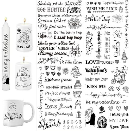 4 PCS Kerzentattoo (200+ Muster), Wassertransferdruck, Kerzen Tattoofolie Kerzenfolie, Kerzenfolie, kerzenaufkleber sticker, Kerzen dekorieren, Sprüche, Lieblingsmensch, DIY Kerzen