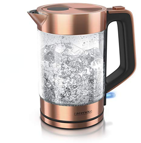 Arendo - Bouilloire en verre borosilicaté et acier inoxydable brossé 1,7L - 2200W - Poignée Cool-Touch - Arrêt automatique - Ébullition rapide - Protection contre la surchauffe - Sans BPA - Cuivre