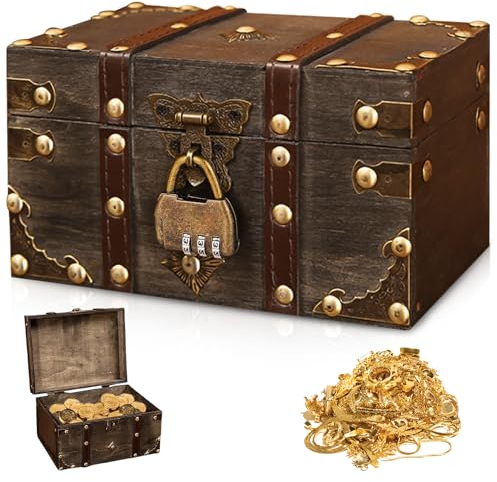 WANDGU Vintage Holz Schatztruhe: Schatztruhe mit Zahlenschloss, Klein Piratenschatztruhe, Schmuckkästchen mit Deckel Schatztruhe Kindergeburtstag, Spardose mit Schloss, Geschenk(Grau)