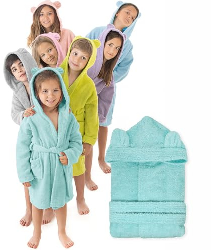 LEBENGOOD - Peignoir de bain enfant, et Robe de Chambre: Fille et Garçon - 100% coton OEKO-TEX®. - 2 poches, ceinture, Capuche avec Oreilles, en peluche très doux (5-6, Lima)