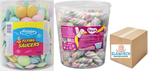 Frisia Rainbow Twister Mallows Drum 680g & Frisia Astra Flying Saucers, 375g Dual Pack Boxed Slamtech