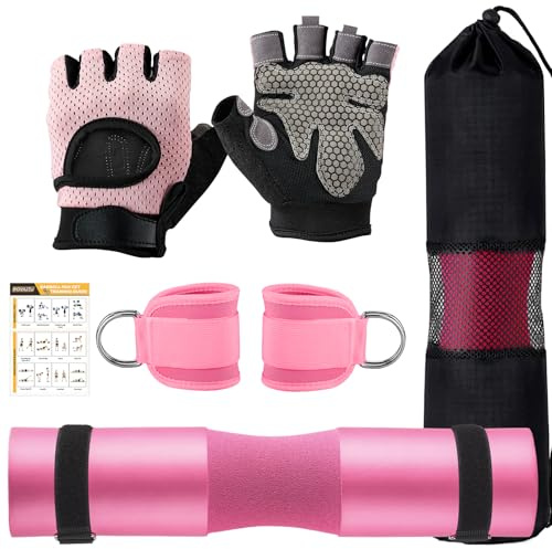 Roviutu Barbell Pad Set,6 Pcs Barbell Pads for Hip Thrust Squat & Lunges Support,with 2 Workout Ankle Straps, 2 Workout Gloves,Olympic Bar Pad and Carry Bag(Pink,Medium-Gloves)