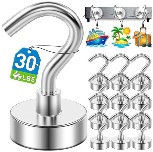 12 Pack Magnetic Hooks for 2026 Cruise Cabins Beach Vacation 30lbs+ Heavy Duty Magnet with Hook Metal Magnetic Hooks for Kitchen Fridge Grills Hanging Magnet Hooks for Classroom Locker Whiteboard