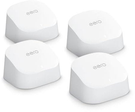 Amazon eero 6 Mesh-WLAN-Router | 500-Mbit/s-Ethernet | Bis zu 560 m² Abdeckung | Für Verbindungen mit über 75 Geräten | 4er-Set