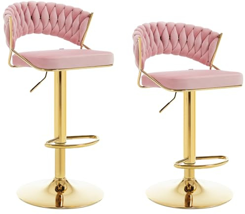 WOLTU Barhocker 2er Set, mit geflochtener Rückenlehne, Samthocker, Rosa