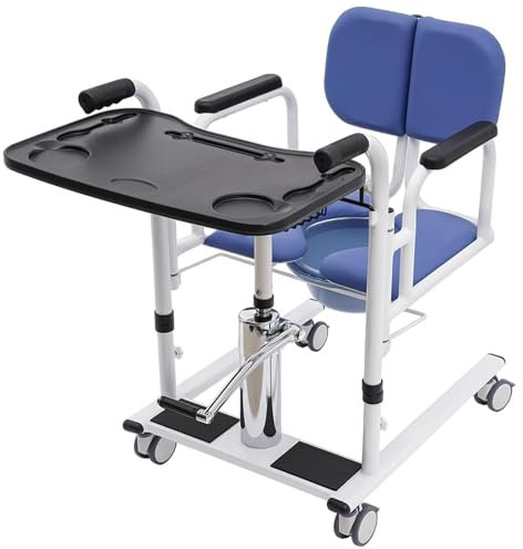 PRMTYUP Hydraulischer Patientenlifter, Stuhl Rollen Mit Bremsen, Mit Nachtstuhl, 180° Geteiltem Sitz, Höhenverstellbar Bis 150 Kg,Blau