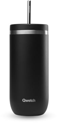 QWETCH – Vaso Térmico Cold Cup 600ml con Pajita Inox Negro – 24h Bebidas Heladas – Acero Inox Reciclado – Antisalpicaduras – Ideal para Café Frío, Bubble Tea y Agua Saborizada