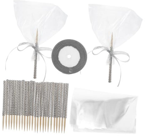 FUNNETOYU Kit de 24 Palitos de Bambú con Cintas Brillantes y Bolsitas de Plástico Plata para Cake Pops y Fiestas Festivas