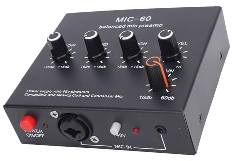 Microphone Preamp Mic Gain Booster, Enhance Sound Quality 48V Power XLR Output Dynamic and Condenser Mic Booster, 3.5mm, 6.35mm, XLR 3 Interfaces