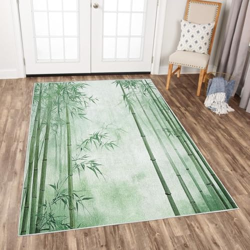UUZEAI Tappeti cinesi semplici per soggiorno, tappeto estetico per camera da letto con motivo foresta di bambù verde, tappeto antiscivolo lavabile per sala da pranzo, studio, ufficio, 50x80cm