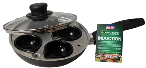 COOKSUPREME Induction Egg Poacher, 4 Cup, Non-Stick 20 cm fry pan and aluminium tray, Made in UK With Soft Touch Handle, All Hobs including induction