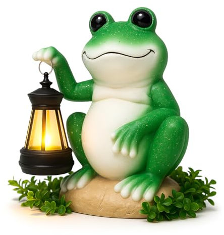 Friendly Solar Frog Garden Ornament with Lantern – Resin Indoor or Outdoor Statue Light for Patio, Porch, Flowerbed – Weatherproof Animal Figurine for Pathway Decor and Gifts, Solar Powered Decorative