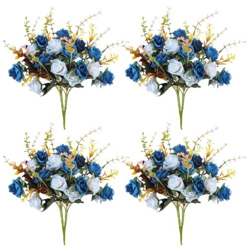 KHDULQ 4 Pezzi Fiori Finti per Decorazioni Fiori Finti 35*20cm Realisticamente Morbido con Foglie e Stelo Regolabile,Fiori Artificiali per Matrimoni,Bouquet,Feste,Decorazioni per la Casa (Blu Scuro)