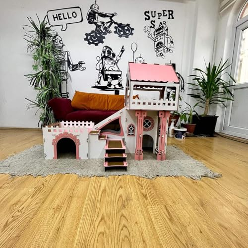 Dach?Triplex Kaninchenhaus „Bunny Castle“ – Großes 3?stöckiges Hasenschloss mit Terrasse & Holzbrücke – Für bis zu 4 Kaninchen (bis 10?kg), inkl. waschbaren Welsoft?Kissen (weiß-rosa, N)