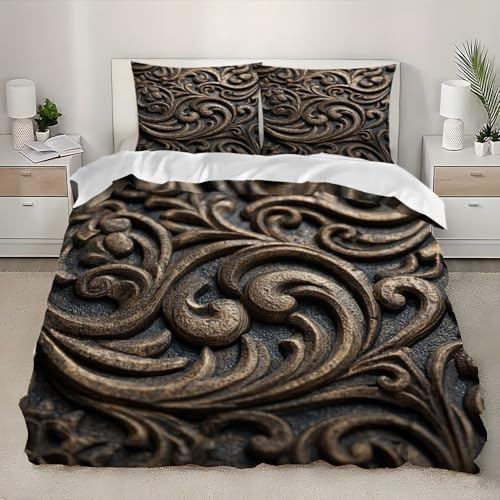 Soft Microfiber 3D Duvet Cover Set King 91x87 inch Wrought Iron Carving Bedding Set 3-piece with Zipper Retro Style Comfortable and Hypoallergenic Quilt Cover for Kids Teens Adults Bedroom