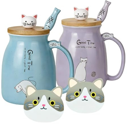 2er-Pack Katzenbecher Niedliche Kaffeetassen aus Keramik im 2er-Set mit Bambusdeckel und Löffel Neuheit Kaffee-Milch Tee-Becher-Tier Katzen-Tassen für Katzenliebhaber Frauen (Blau und Lila)