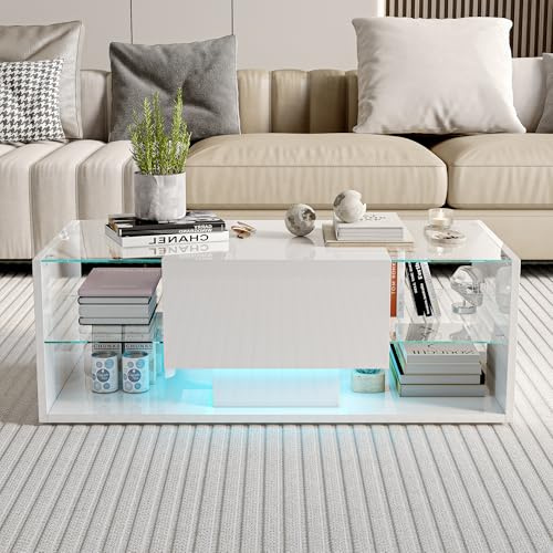 WSOFZMO Couchtisch WeiB Hochglanz, Schwebe Couchtischschwarz, Couchtisch Glas mit LED, Wohnzimmertische mit offenem Regal und Schubladen, 100 x 50 x 35cm (Weiß)