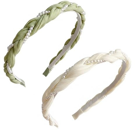 2 Stück Haarreifen Damen, Geflochten Perlen Stirnbänder, Stirnbänder Haarband für Mädchen Damen, Haarreif Dirndl, Trachten Haarreif für Alltag Hochzeit Gartenparty (Grün+Weiß)