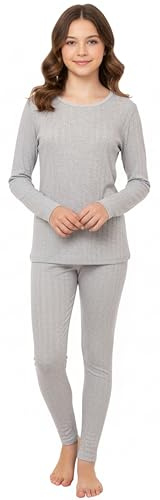 Heatwave Thermalwear Girls Thermal Base Layer Set Long Sleeve Top & Bottom Kids Winter Outdoor Wear, Marl Grey 12-13 Years
