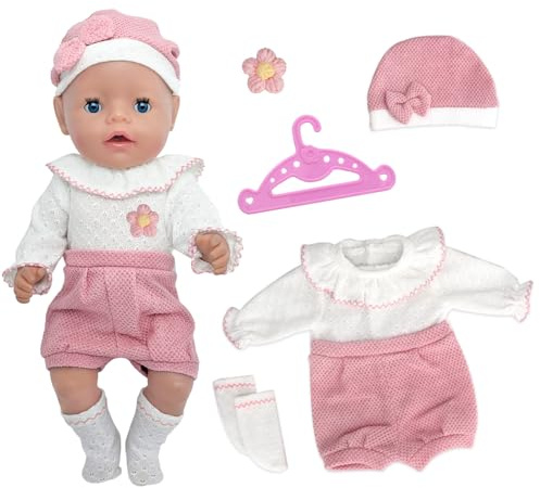 Puppenkleidung für 14-17 Zoll NewBorn Baby Puppen, mit Hut Overall Socken Brosche Kleiderbügel, Gestrickt Puppenkleidung für 35-43 cm Baby Puppen Mädchen Weihnachten Geburtstag (Puppe Nicht enthalten)