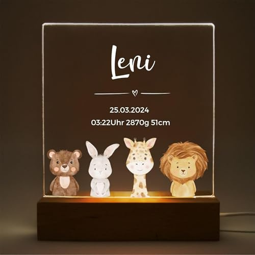 Mainely Nachtlicht Kinder personalisiert Hase Löwe Bär Giraffe – LED Nachtlicht Baby – Stilllicht – Lampe fürs Kinderzimmer – Personalisiertes Geschenk zur Geburt