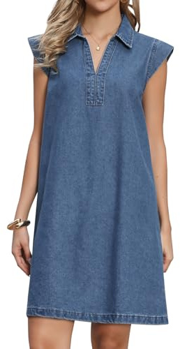 Allegra K Mini Robe en Jean Femme Col V et Manches Courtes Style Chemisier Coupe Ample Au-Dessus du Genou Tunique Décontractée