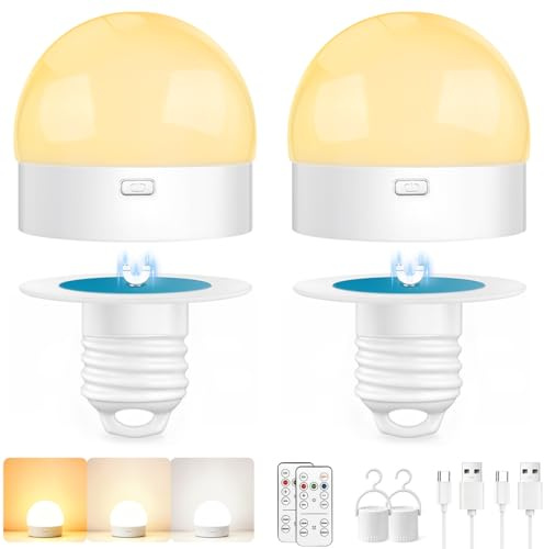 Blakapoo Bombilla LED Recargable con Control Remoto, LED E27 Regulable, con Temporizador, 3 Temperaturas de Color, Base Magnética, Uso Doméstico, Lámpara de Emergencia con Gancho, Paquete de 2