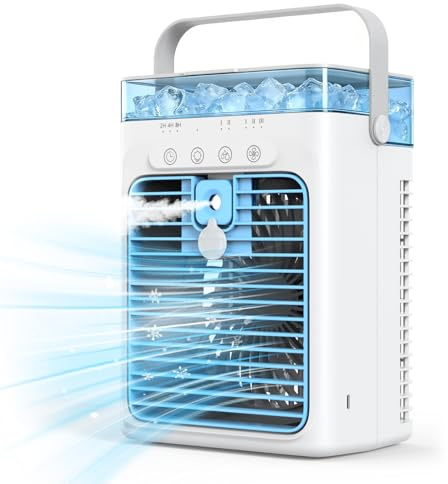 Aire Acondicionado Portátil, Mini Enfriador de Aire, Enfriador de Aire Evaporativo Personal, Mini Aire Acondicionado, Climatizador Móvil para Coche, Escritorio, Camping, Dormitorio y Oficina (Azul)
