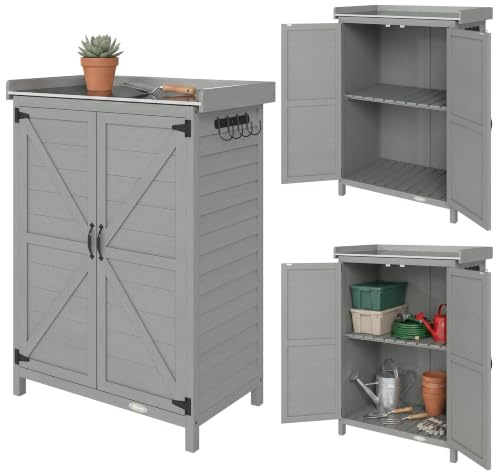 Outsunny Wooden Garden Shed with Shelf & Side Hooks 71.5 x 39 x 95 cm Grey | Garden Tool Storage Shed, Outdoor Storage Cabinet, Galvanised Metal Top, Double Doors