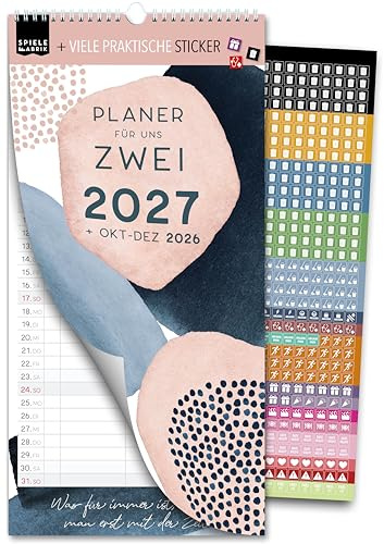 Spielefabrik® Familienkalender 2027 3 Spalten Paarkalender 16 x 32,5 cm PASTELL Paarplaner Der Kalender für 2 Personen mit Sprüchen rund um die Liebe Wandplaner für Paare inkl. 528 Sticker