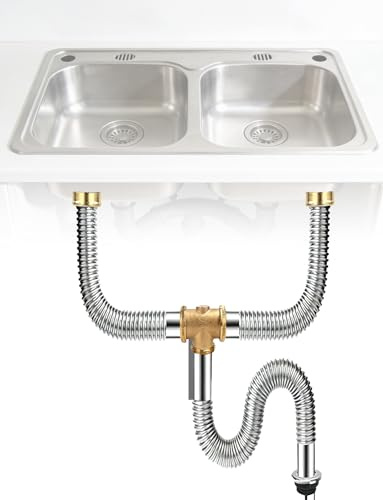 Edelstahl-Ablaufschlauch for Küchenspüle mit zwei Schlitzen, flexibles Abflussrohr mit Silikon-Dichtungsringen, geruchsdichte Sanitärteile for Doppelwaschbecken(1,60cm/23.6In)