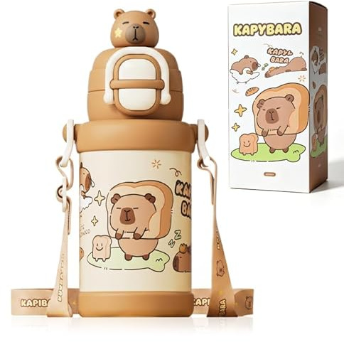 Borraccia Termica Capybara 550ml per Bambini - Borraccia in Acciaio Inossidabile con Doppio Tappo a Clic e Cannuccia, Sottovoto, Senza BPA, a Prova di Perdite per Scuola, Sport e Viaggi