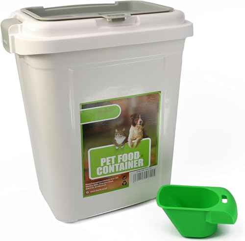 PRADICHI White 20L Pet Food Storage Container with Flip-Top Locking Lid - Airtight Dry Food Bin for Dogs, Cats & Birds - Includes Integrated Measuring Scoop - 8kg/12kg Capacity - Durable HDPE Plastic