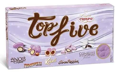 Crispo Confetti Top Five Mix 5 Gusti Sfumati LILLA – Confetti Assortiti al Cioccolato, Mandorla, Nocciola e Cereali per Confettata, Bomboniere, Matrimonio, Comunione, Battesimo, Eventi 1Kg