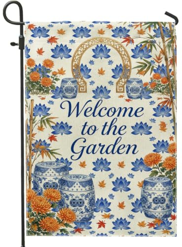 Bandiera da giardino con ninfee, floreale tradizionale crisantemo vaso di fiori primaverili blu in iuta su entrambi i lati, bandiere decorative per esterni, portico, prato, patio, terrazza, 30,5 x