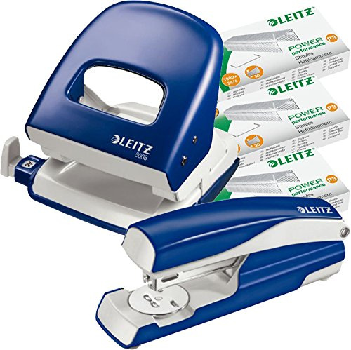 Leitz 50086035 Locher, 2,5 mm, mit Anschlagschiene, Blisterverpackung (Mit Hefter und Heftklammern, blau)