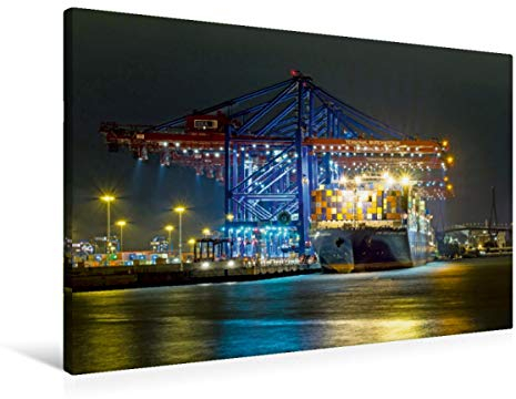 Calvendo Premium Textil-Leinwand 90 cm x 60 cm quer, Hamburg - Containerterminal im Hafen | Wandbild, Bild auf Keilrahmen, Fertigbild auf echter Leinwand. zu nächtlicher Stunde Orte Orte