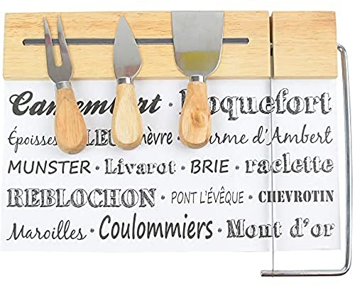 Totally Addict KA1635 Plateau à fromage Lyre intégrée et ses 3 ustensiles couteaux fourchette hachette Avec support aimanté Bois inox et verre Beige gris et noir H2 x 24 x 31 cm