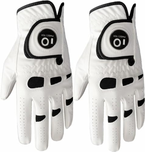 FINGER TEN Men’s Golf Gloves Left Hand Right with Ball Marker 2 Pack, Weathersof Grip Soft Comfortable, Fit Size Small Medium ML Large XL (X-Large, Worn on Left Hand)
