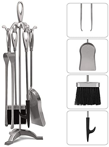 Amagabeli 5 Pezzi Set di Strumenti per Camino Argento Accessori per Camino in Ferro Battuto per Interni per Porta Ceppi Fire Pit Pinze per Fuoco Pala Pennello Poker