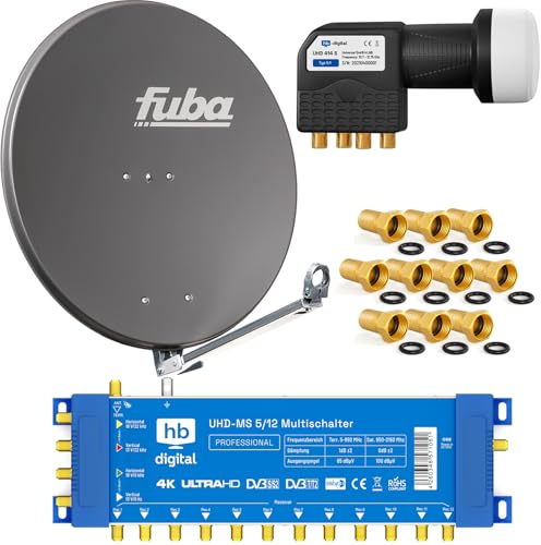Profi-Sat-Anlage: Fuba 80cm Satellitenantenne DAL 800A anthrazit Aluminium Reflektor + HB-DIGITAL 5/12 Multischalter (1 Satellit / 12 Teilnehmer Multiswitch) + UHD Quattro LNB + vergoldete F-Stecker