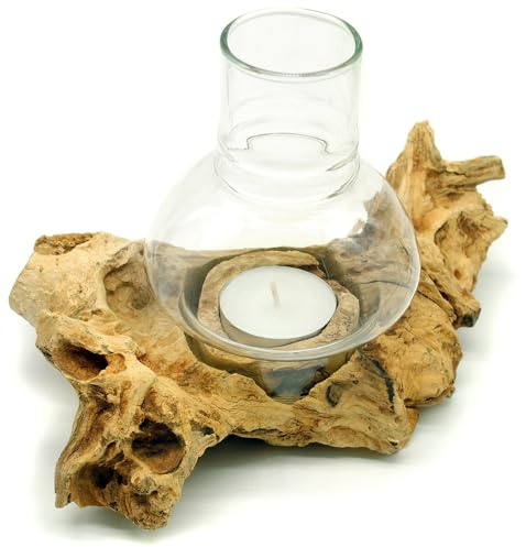 Windlicht Natur Holz Wurzel mit Glas hell Teelichthalter Windlichthalter (12-18 cm)