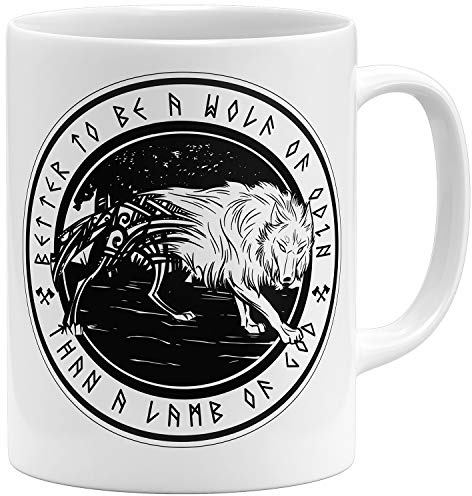 OM3® Vikings Wolf of Odin Kaffee-Tasse Wikinger - Keramik Becher - 11oz 325ml - Beidseitig Bedruckt - Weiss